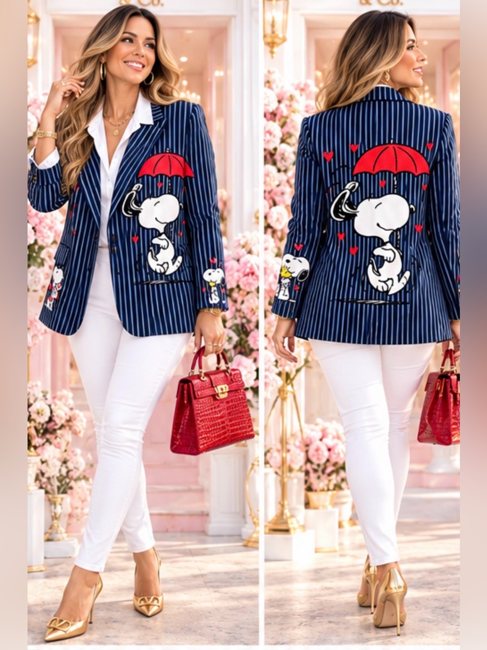 Navy Pinstripe Snoopy Embroidered Blazer - Women's Suit Jacket